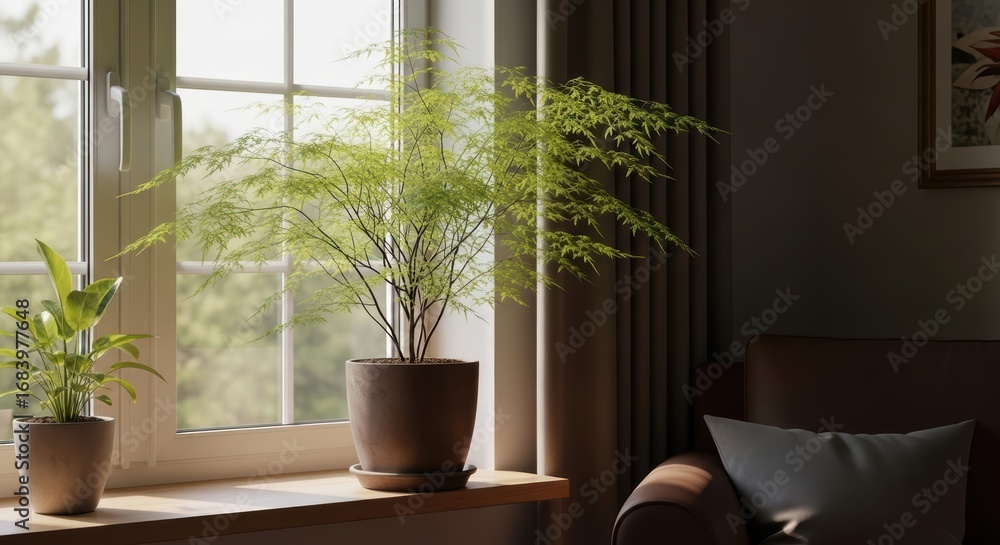 Fototapeta premium Sunlit modern living room with potted green indoor plants by window