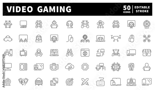 Gaming. Video games vector icons. Set of 50 line icons related to video games. Controllers, consoles, linear design