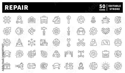 Wrenches, bolts, screwdrivers, and mechanical tools visualized in a clean technical line style. Industrial set of 50 outline icons for repair and fixing visuals.
