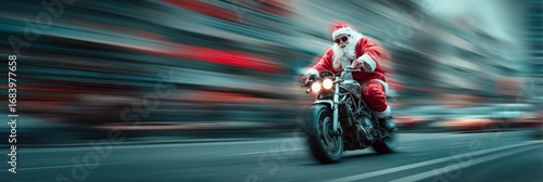 Santa Claus rides a motorcycle through a bustling city during the festive season with a blur of holiday lights in the background
