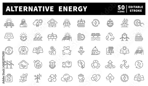 Solar panels, wind turbines, batteries, and eco symbols illustrated with minimalist energy-line design. Green power bundle of 50 outline icons on alternative energy sources