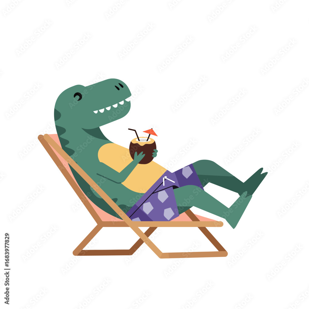 Fototapeta Relaxed dinosaur enjoying tropical vacation with coconut cocktail, lounging on beach chair, evoking summer fun and leisure for travel marketing and holiday promotions