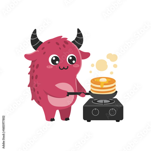 Adorable monster character flipping pancakes in a pan, perfect for children's book illustrations, food blogs, and fun educational resources, evoking joy