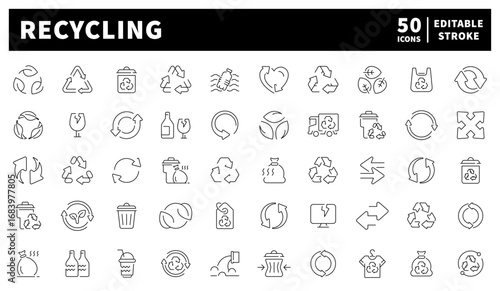Recycling. Recycling vector icon set.  Set of 50 linear icons themed around recycling and waste reduction. Bins, arrows, eco signs, reuse icons, and sustainability