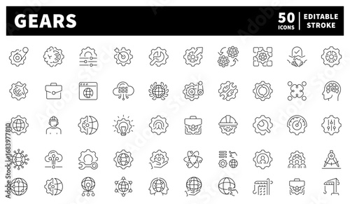 Gear vector icons set. Set of 50 linear gear icons. Mechanical gear wheels, interlocking cogwheels, and system schematics drawn in a structured tech style