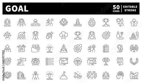 Goal vector icons. Set of 50 outline goal icons. Targets, checkmark, bullseye, stairs, medals, and trophies representing achievement and ambition.