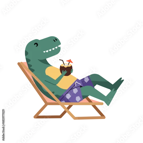 Obraz Relaxed dinosaur enjoying tropical vacation with coconut cocktail, lounging on beach chair, evoking summer fun and leisure for travel marketing and holiday promotions