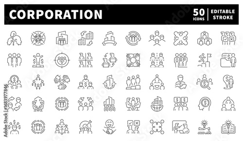 Corporation vector icons set. Set of 50 linear corporation icons. Corporate structure, leadership, business roles, and enterprise symbols