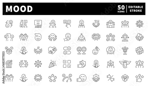Set of 50 linear mood icons. Good emotions and mood vector icons. Smiles, joy, and cheerful faces illustrated with uplifting minimalist strokes