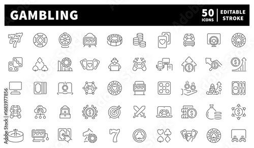 Gambling vector icons set. Set of 50 gambling linear icons. Slot machines, dice, poker chips, cards, and casino games set of 50 gambling linear icons