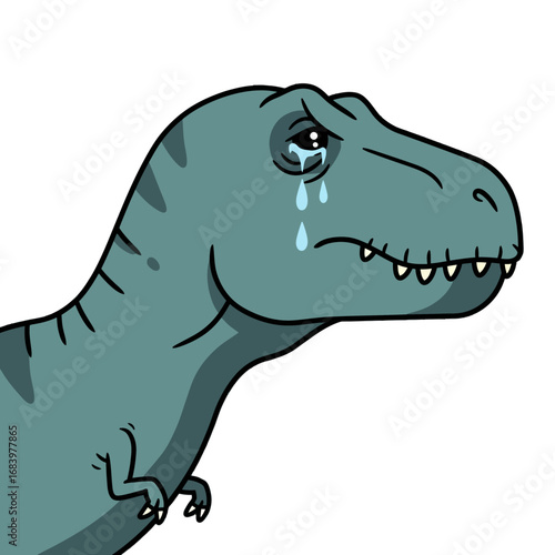 A sad Tyrannosaurus Rex shedding tears of sorrow, a poignant cartoon illustration perfect for conveying feelings of grief, loss, or empathy