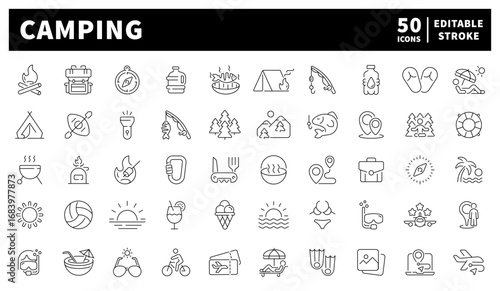 Camping vector icons. Set of 50 vector icons related to camping. Tents, backpacks, fire, compass, and nature gear 50-icon linear set for camping and hiking