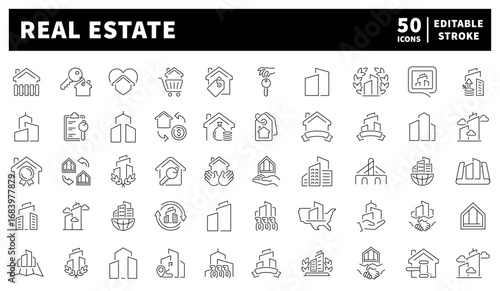Real estate vector icons collection. Set of 50 real estate linear icons. Real estate, houses, renting, mortgage, and housing market icons