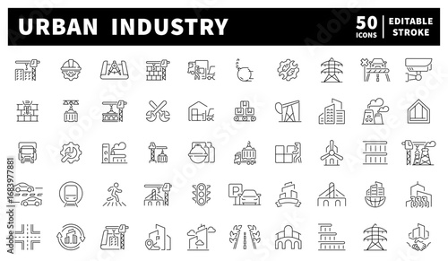 Urban industry vector icons set. Urban industry, factories, manufacturing, and heavy equipment. Set of 50 industry icons