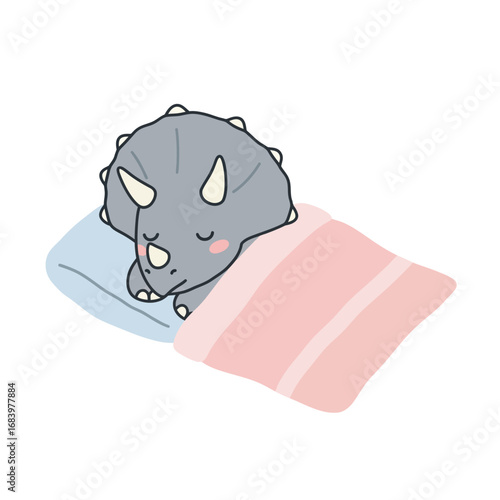 Adorable sleepy triceratops dinosaur tucked into cozy bed with soft blanket and pillow, perfect for children's books and nursery decor