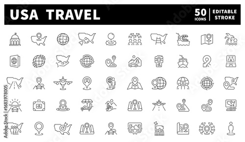USA travel vector icons set. Set of 50 linear travel icons. American destinations and travel essentials minimal icon collection.