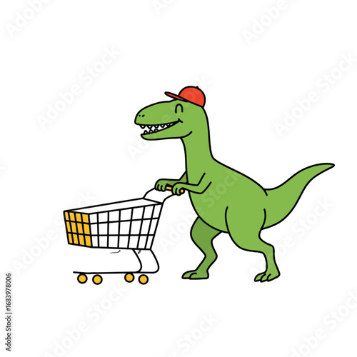 Charming cartoon T-Rex dinosaur wearing a red cap happily pushing a shopping cart, perfect for playful marketing and whimsical retail themes.