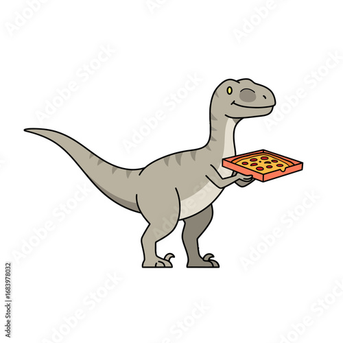 Adorable cartoon raptor proudly presents a delicious pepperoni pizza, offering a fun and playful visual for food-related themes and creative projects.