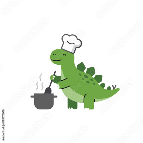 Adorable chef dinosaur happily stirring a steaming pot, perfect for culinary themes, kids' content, or playful restaurant branding.