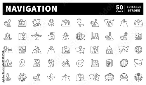 Navigation. Navigation vector icons collection. Set of 50 linear icons related to Navigation. Navigation and directional symbols