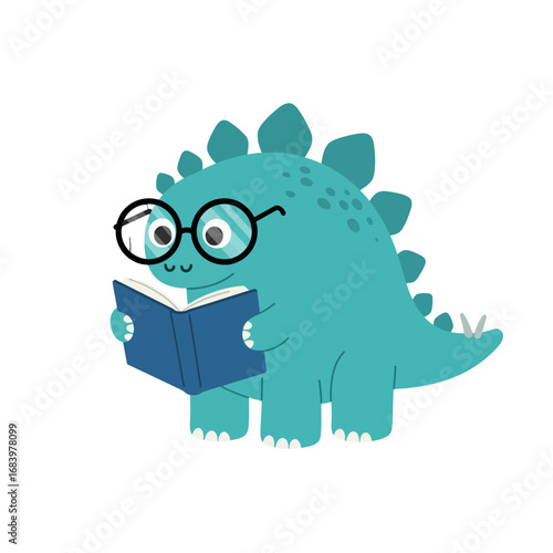 Adorable cartoon stegosaurus wearing glasses intently reads an open book, sparking imagination and a love for learning in children's educational content.