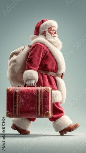Santa Claus walking with a suitcase for holiday travel in a festive atmosphere during winter