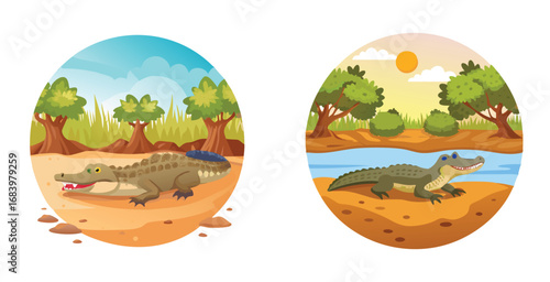 Caiman basking muddy riverbank alligator vector art design illustration