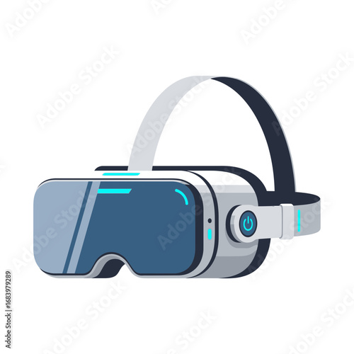Futuristic virtual reality headset with blue lenses and white strap.