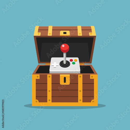 Open treasure chest with vintage arcade joystick inside.