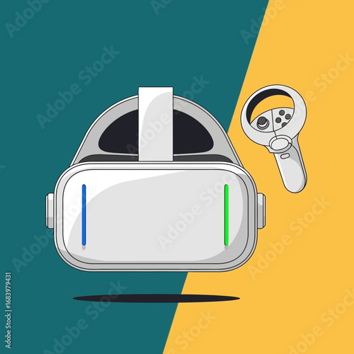 Virtual reality headset and controller on a split background.