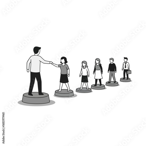 Leader guiding people in a line on platforms.
