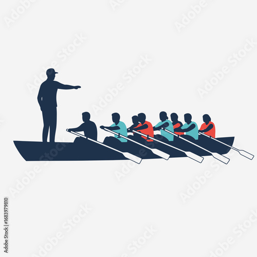 Coach directing a rowing team in a boat