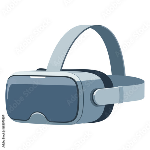 A futuristic virtual reality headset with a light blue strap.