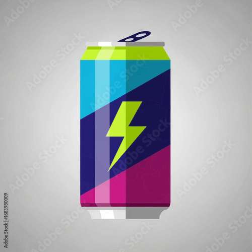 Colorful energy drink can with lightning bolt symbol.