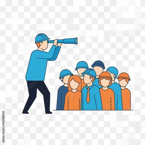 Man with telescope looks over group of people.