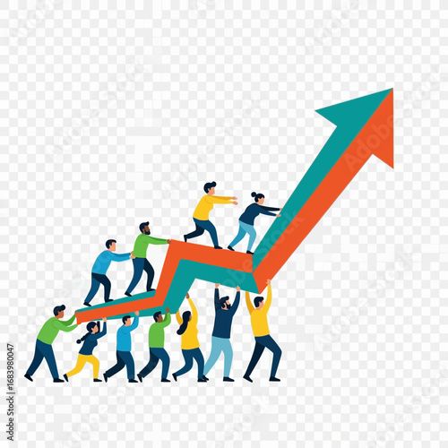 People lifting a rising arrow graph symbolizing growth and teamwork.