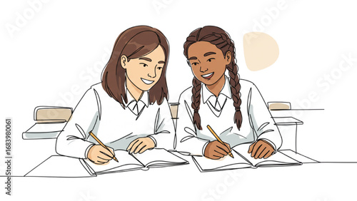 School Girls Single Line Drawing – Continuous Line Illustration of Two Students Studying in Classroom