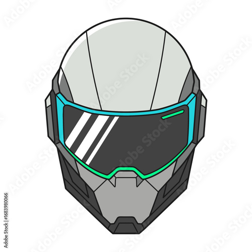 Futuristic helmet with a tinted visor and teal accents.
