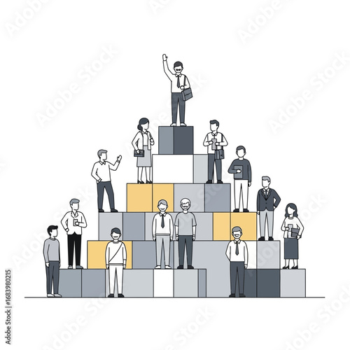 People stand on a pyramid of blocks representing a hierarchy.