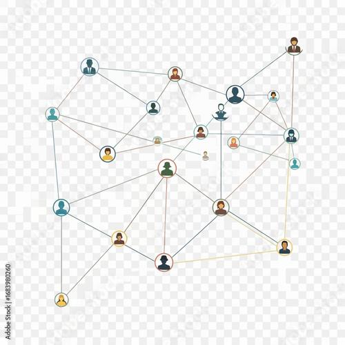 Abstract network of connected people icons on transparent background.