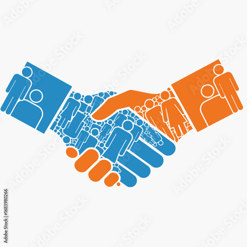 Two stylized hands shaking symbolizing partnership and agreement.