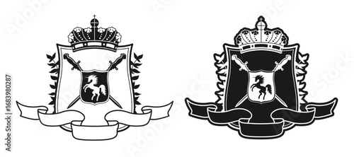 Coat of arms with unicorn shield and laurel wreath, ribbon crown, swords crosswise. Heraldic crest medieval emblems fantasy kingdom. Coat of arms vector graphic monochrome black white art design