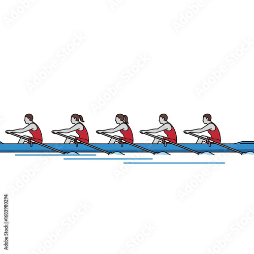 Five rowers in a boat on water with a white background.