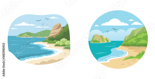Scenic coastal bay with calm blue green waters vector art design illustration