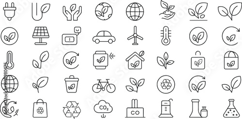 Eco Friendly Icon Set , Linear Ecology Icons , Environmental Sustainability Symbols