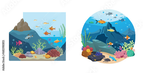 Under water seamount ecosystem teeming with marine vector art design illustration