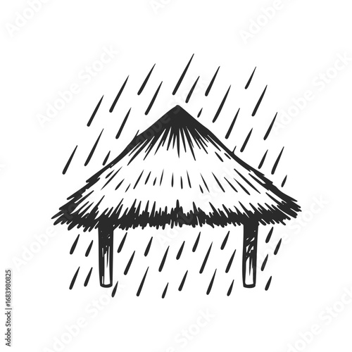 Sketch of thatch roof shelter under rainy sky