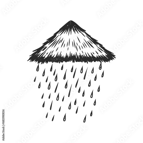 Simple black and white illustration of rain falling from a thatched roof