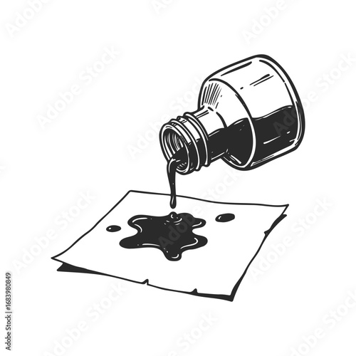 Ink bottle spilling black liquid on paper - line art illustration