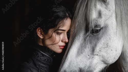 Close connection between woman and white horse captured in stable environment